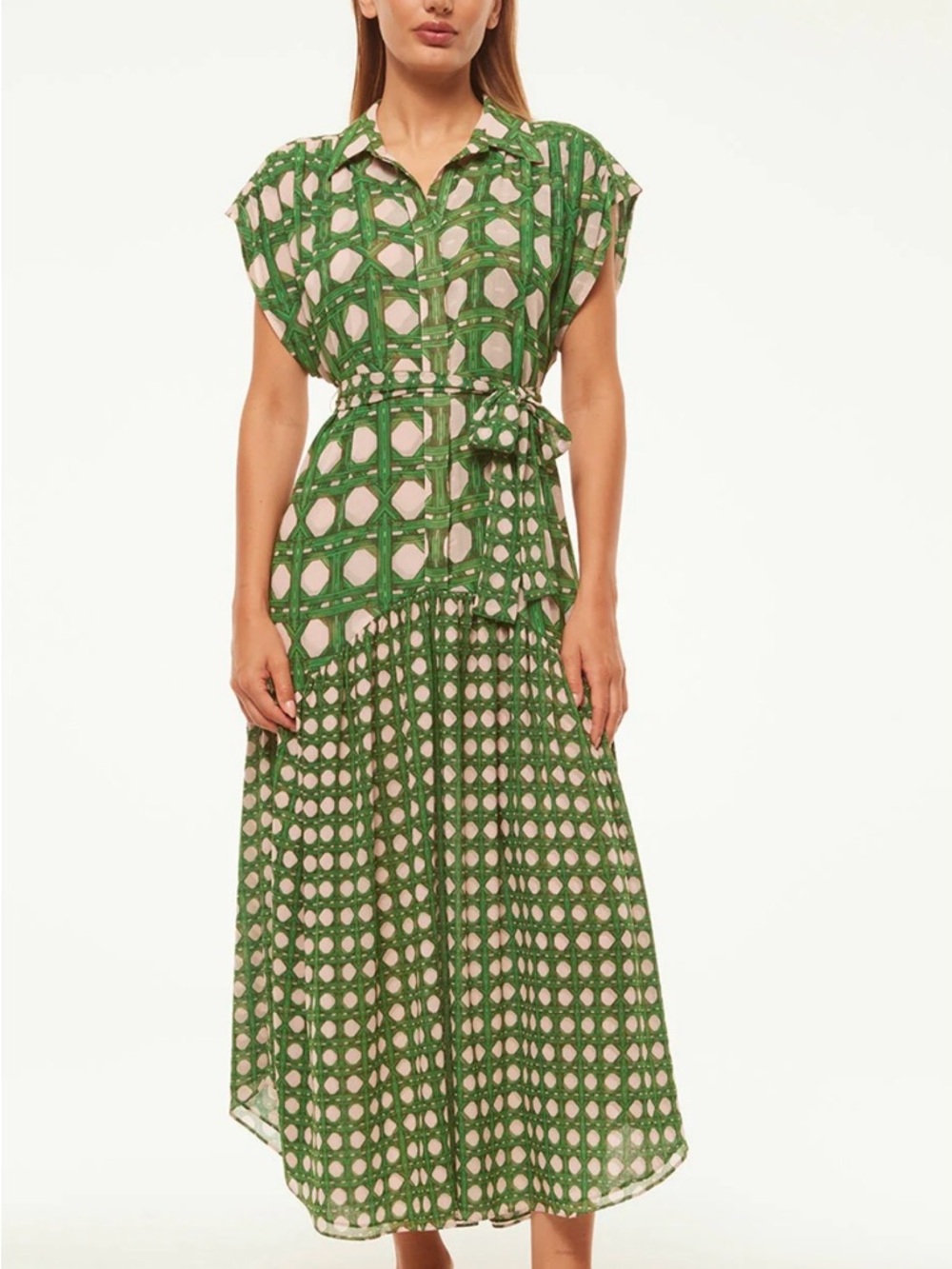 Misa Los Angeles Laura Green and Cream Geometric Midi Shirt Dress